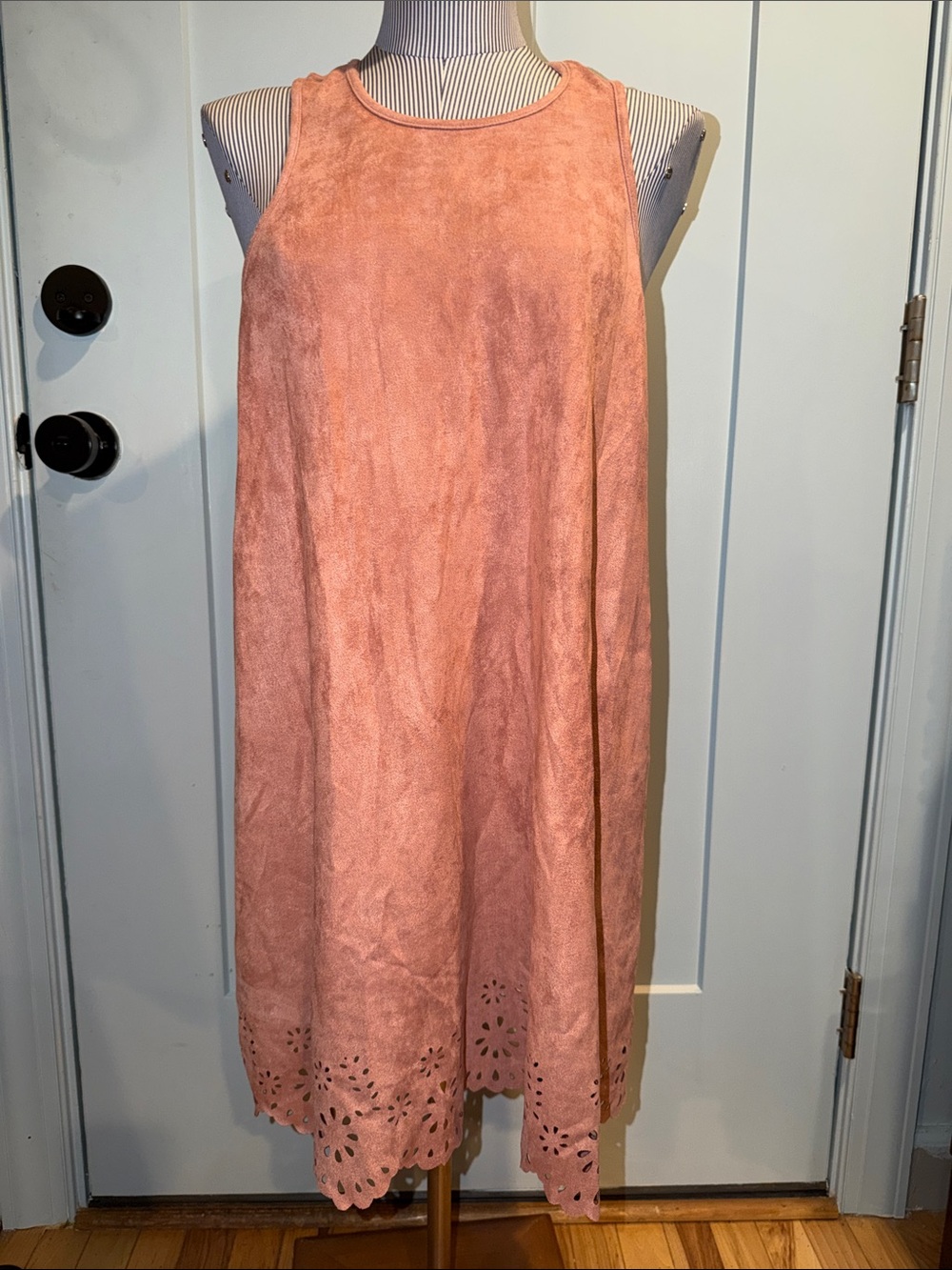Sleeveless Pink Suede A-Line Dress with Scalloped Hem - Size Large